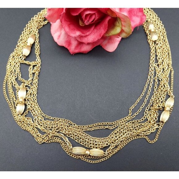 Vintage Multi-Strand Necklace Gold Tone Beaded Classic Elegant 22" Rope Cable - Picture 1 of 11